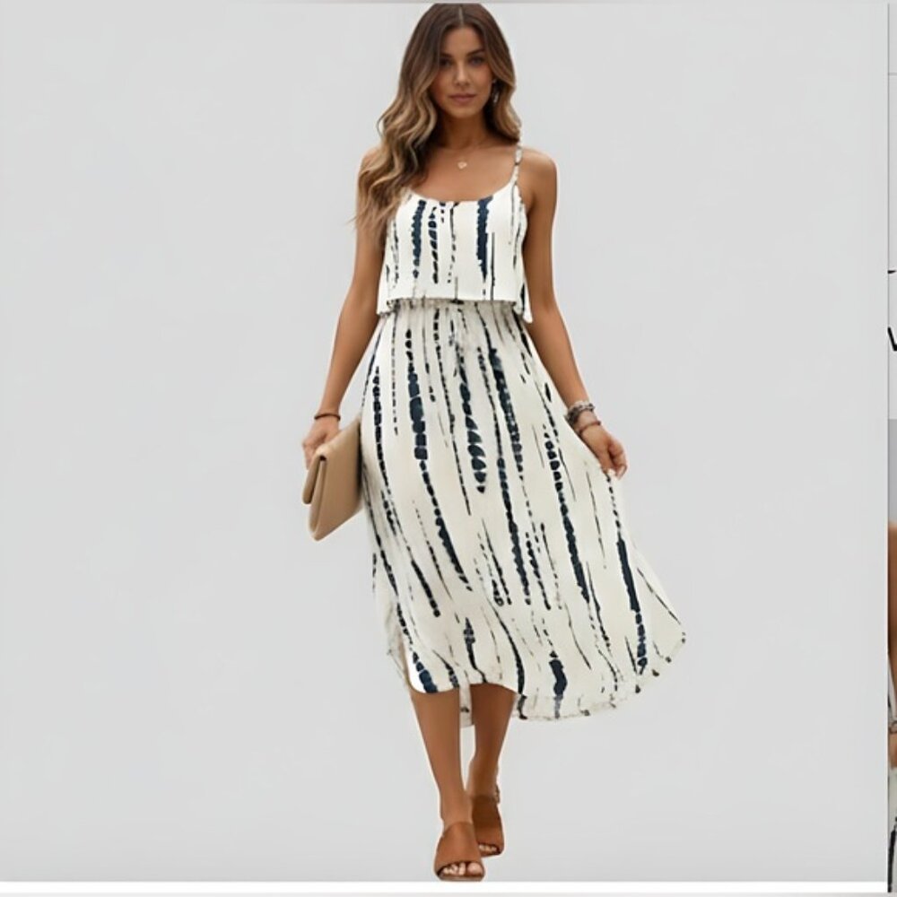 Tie-Dye Strap Slit Dress Beige